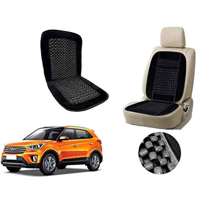 Auto Pearl PU, Velvet & Wooden Beads Black Rectangular Seat Cushion for Hyundai Creta