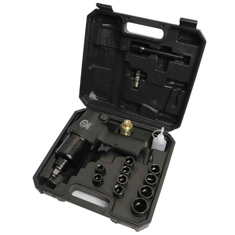 HULK 1/2 inch 650Nm Alloy Steel Black Air Impact Wrench with 10 Sockets, AT12A