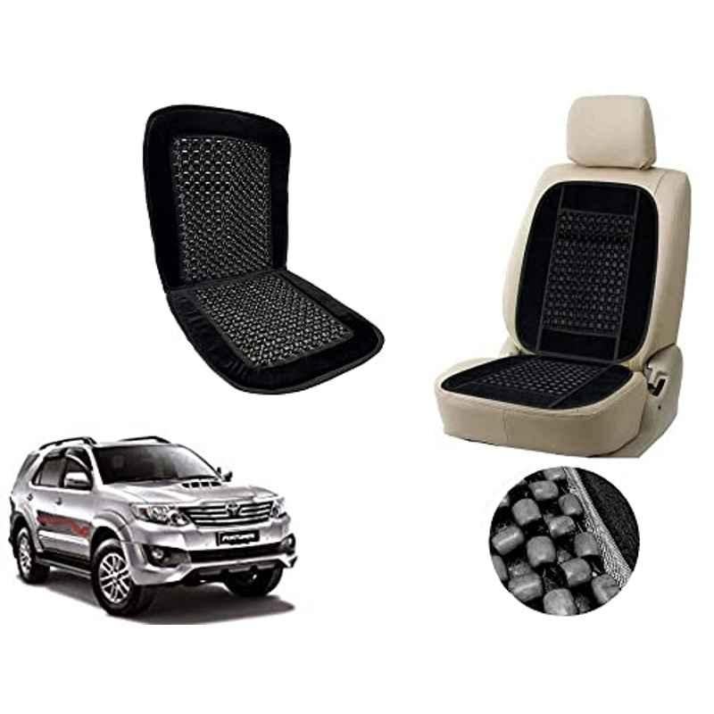 Auto Pearl PU, Velvet & Wooden Beads Black Rectangular Seat Cushion for Toyota Fortuner