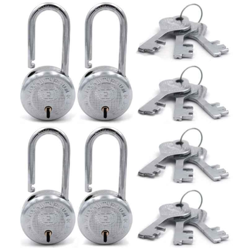 Harrison 50mm 6 Lever Mild Steel Bright Chrome Polished Finish Round Padlock with 3 Keys, T-26LS-0275 (Pack of 4)
