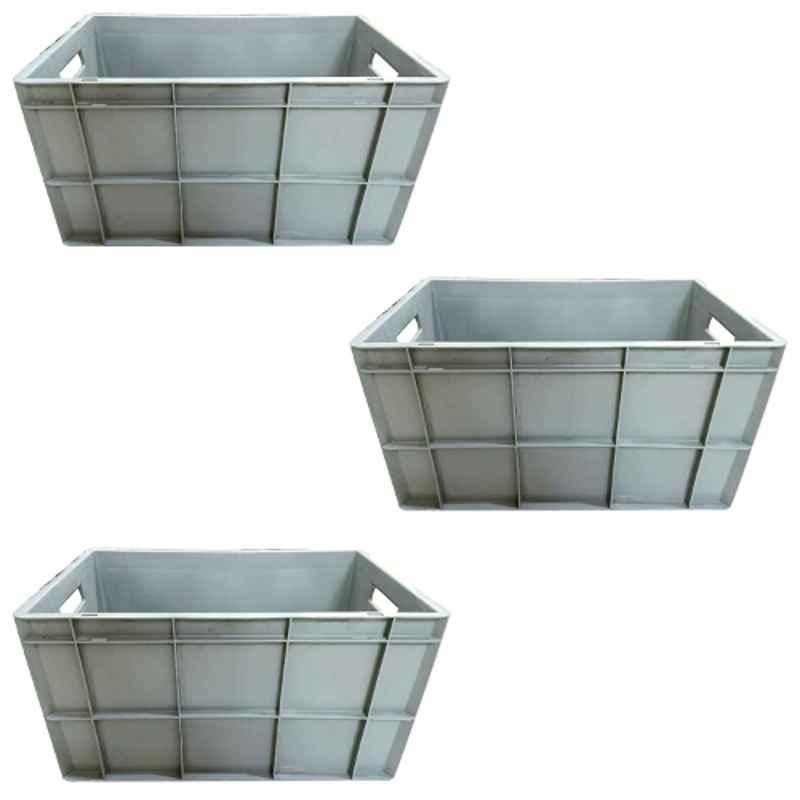 Xela 312-G 60x40x32cm Plastic Grey Multipurpose Heavy Duty Portable Crate, (Pack of 3)