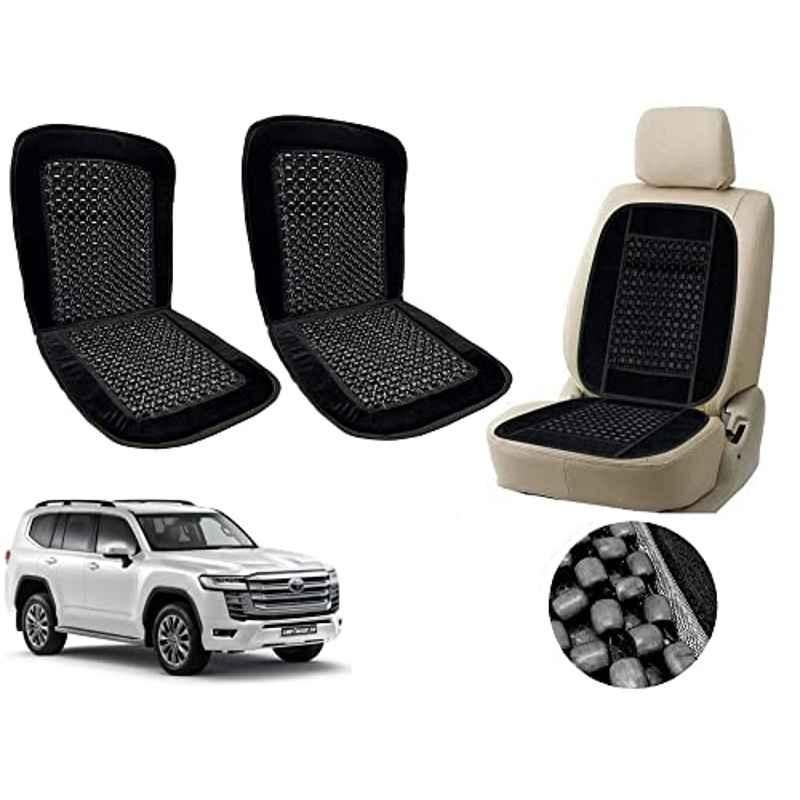 Auto Pearl PU, Velvet & Wooden Beads Black Rectangular Seat Cushion for Toyota Land Cruiser (Pack of 2 )