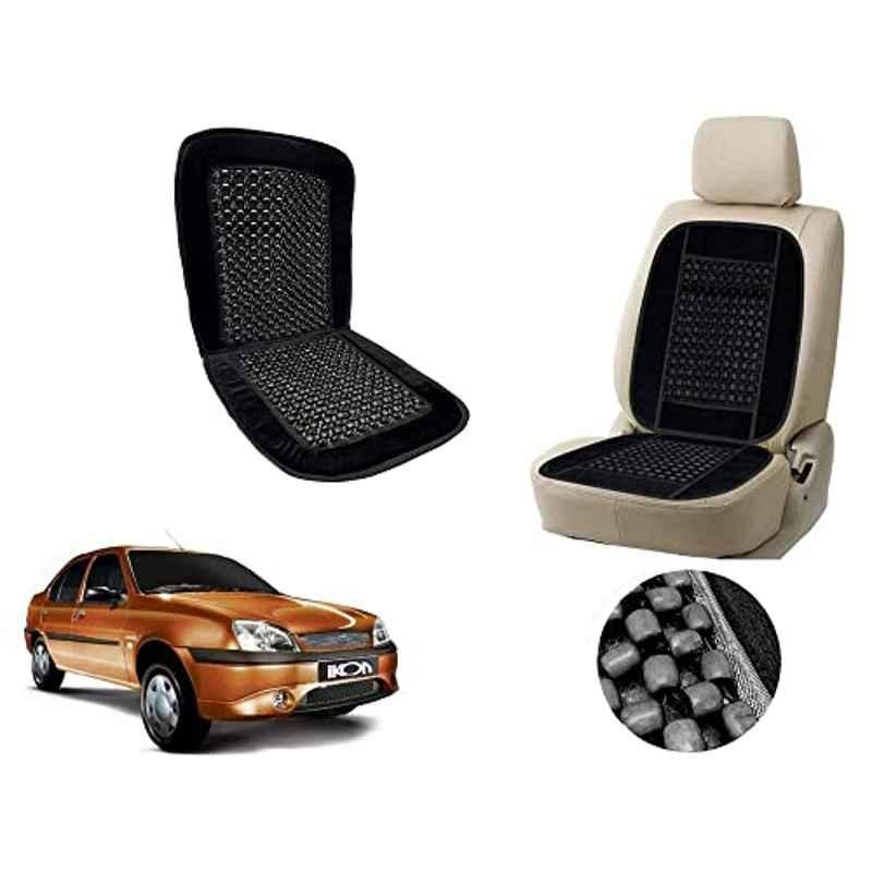 Auto Pearl PU, Velvet & Wooden Beads Black Rectangular Seat Cushion for Ford Ikon