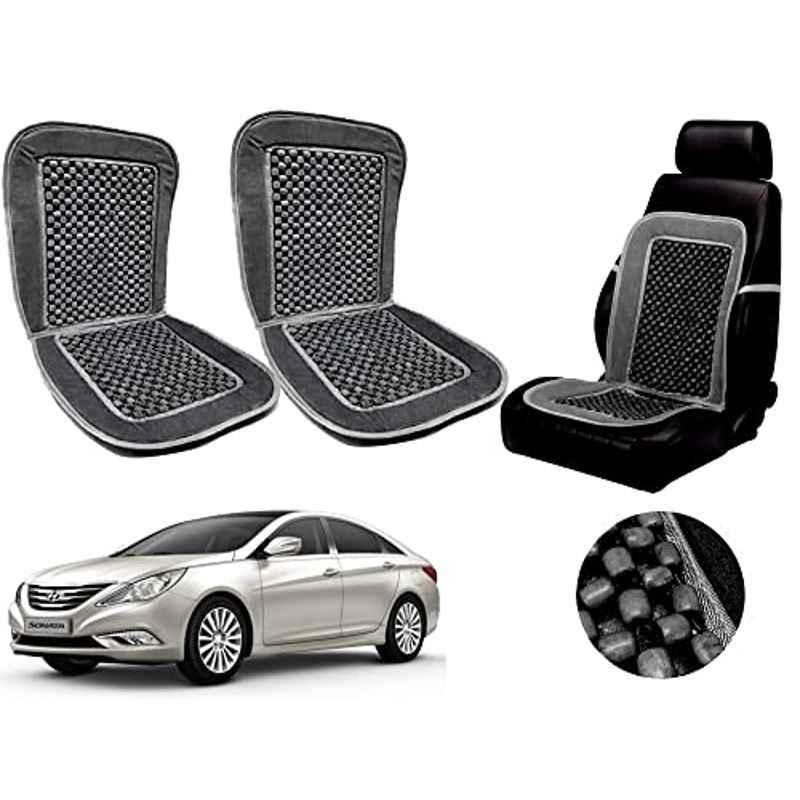 Auto Pearl PU, Velvet & Wooden Beads Grey Rectangular Seat Cushion for Hyundai Sonata Embera (Pack of 2 )
