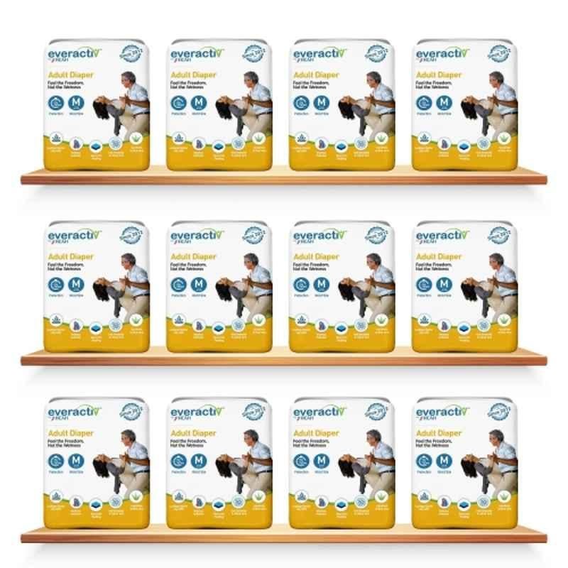 Everactiv 10 Pcs 28-45 inch White Polyethylene Adult Diaper with Aloe Vera & Wetness Indicator Set, IV-DVM8-MRN3, Size: M (Pack of 12)