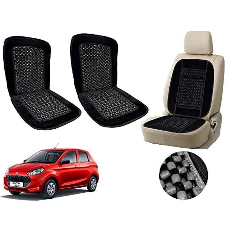 Auto Pearl PU, Velvet & Wooden Beads Black Rectangular Seat Cushion for Maruti Suzuki New Alto kK10 (Pack of 2 )