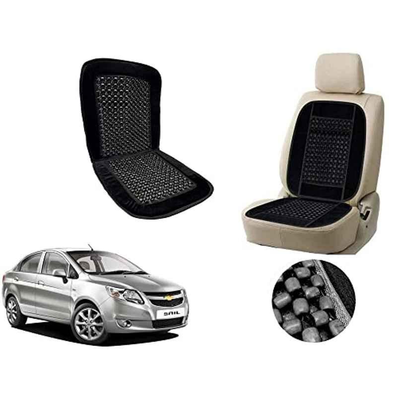 Auto Pearl PU, Velvet & Wooden Beads Black Rectangular Seat Cushion for Chevrolet Sail