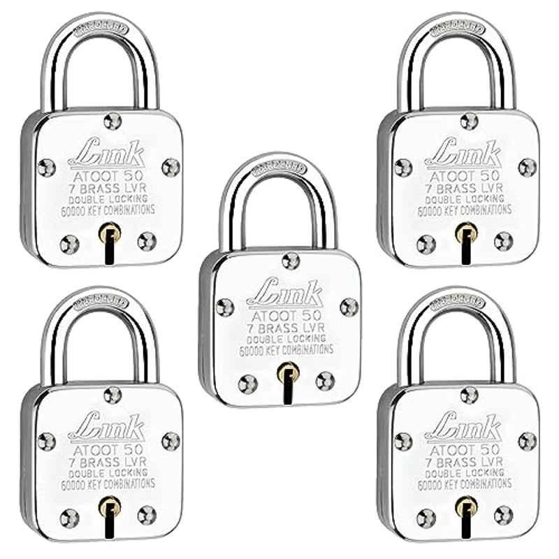 Link 50mm Steel Hardened Shackle Padlock with 7 Brass Lever & 3 Silver Keys, Atoot 50 (Pack of 5)