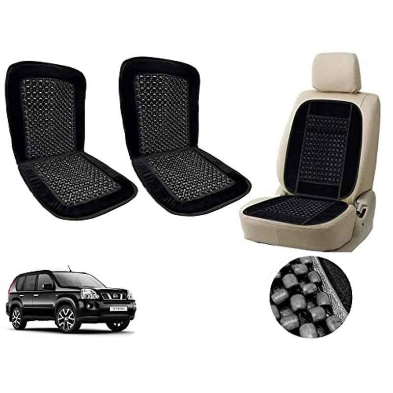 Auto Pearl PU, Velvet & Wooden Beads Black Rectangular Seat Cushion for Nissan X-Trail (Pack of 2 )