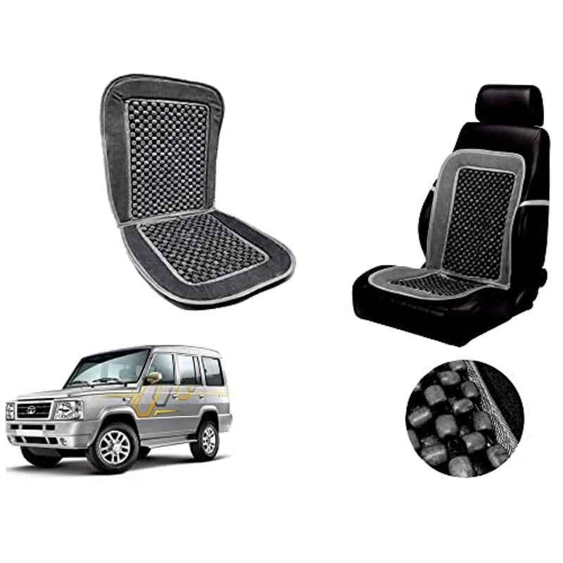 Auto Pearl PU, Velvet & Wooden Beads Grey Rectangular Seat Cushion for Tata Sumo