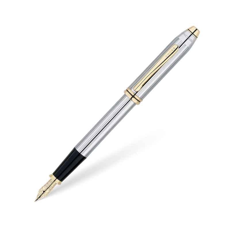 Cross Townsend Black Ink Chrome & 23 Karat Gold Plate Finish Fountain Pen with 2 Pcs Black Pen Cartridges Set, 506-MF