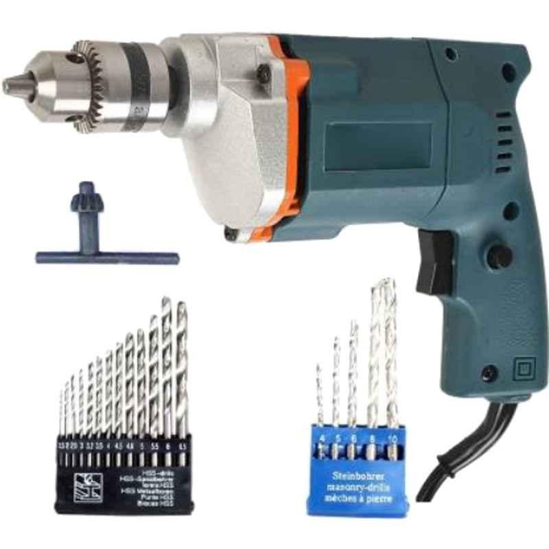 Imported 10mm 2600rpm Blue Drill Machine with 13Pcs HHS Bits, 5Pcs Masonry Bits Power & Hand Tool Kit