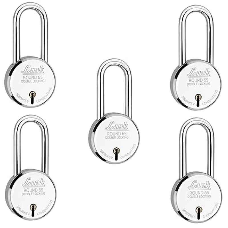 Link 65mm Steel Round Long Shackle Double Locking Padlock with Iron Lever, 3 Keys & Free Key Hanger (Pack of 5)