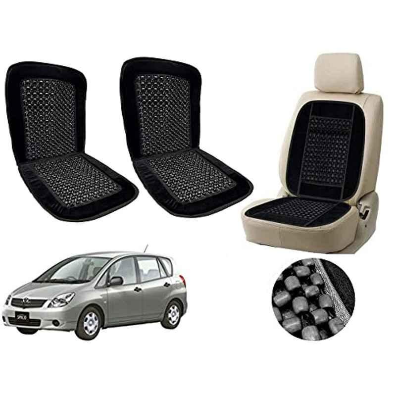 Auto Pearl PU, Velvet & Wooden Beads Black Rectangular Seat Cushion for Toyota Spacio (Pack of 2 )