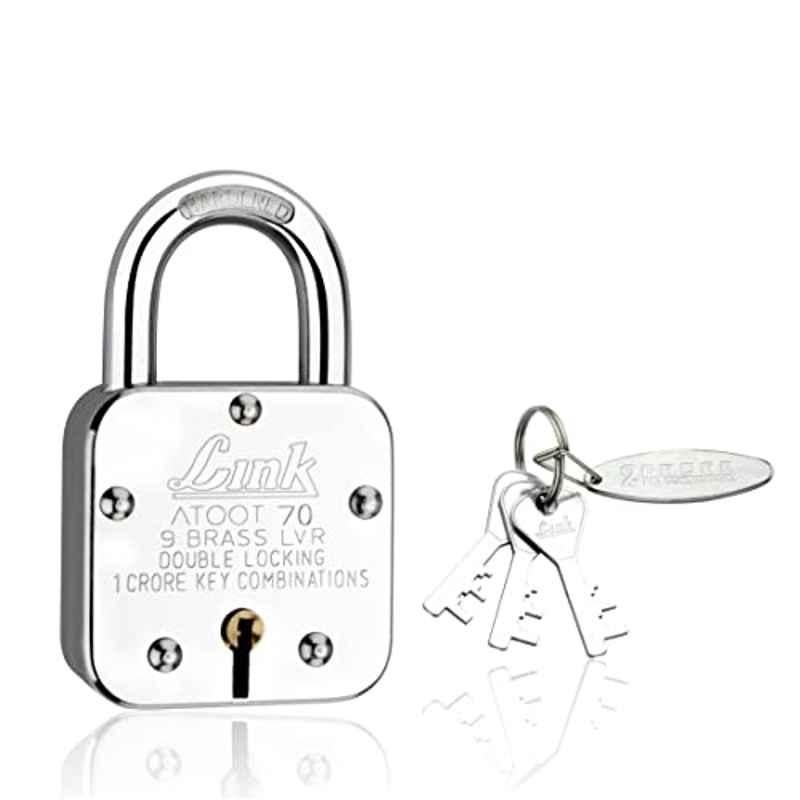 Link 70mm Steel Long Hardened Shackle Padlock with 9 Brass Lever, 3 Silver Keys, Keychain & Free Key Hanger, Atoot 70