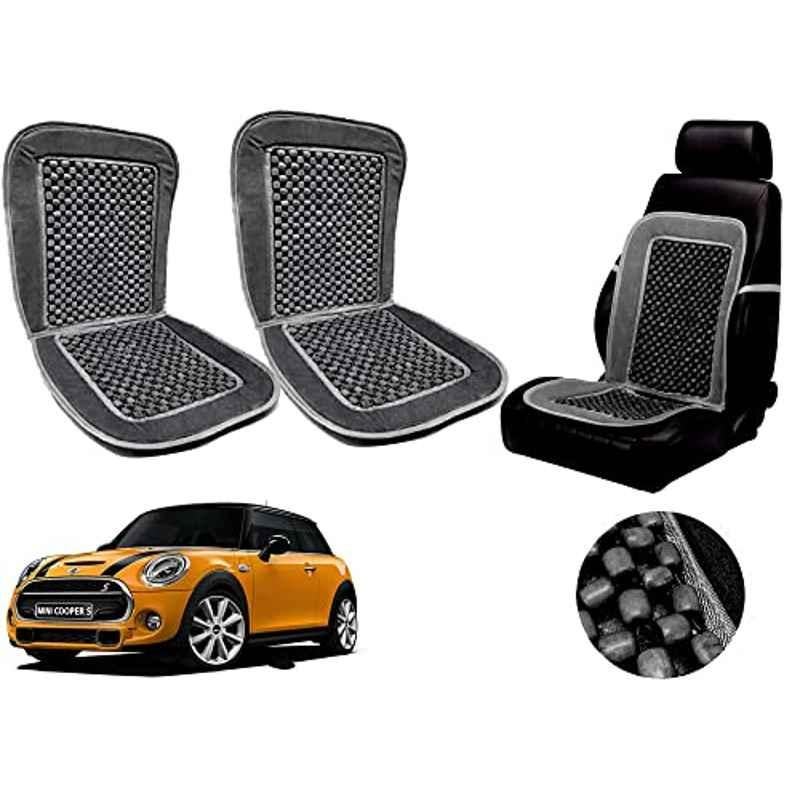 Auto Pearl PU, Velvet & Wooden Beads Grey Rectangular Seat Cushion for Mini Cooper (Pack of 2 )