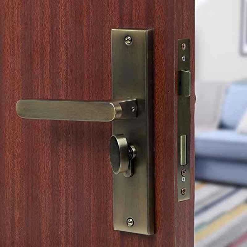 Saze 8 inch Stainless Steel Antique Brass Finish Cylindrical Plate One Side Key Mortise Door Lock Handle Set with 3 Keys, LB-304