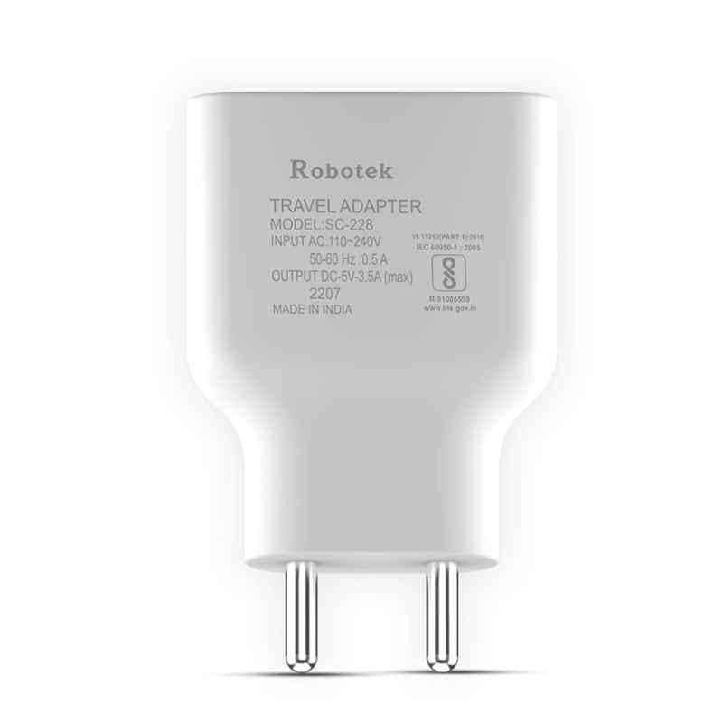 Robotek SC228 18W 3.2A ABS Single USB White Mobile Charger with Type C Cable