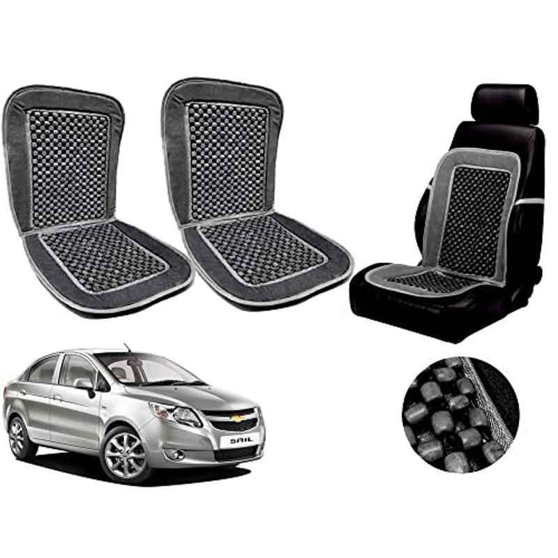 Auto Pearl PU, Velvet & Wooden Beads Grey Rectangular Seat Cushion for Chevrolet Sail (Pack of 2 )