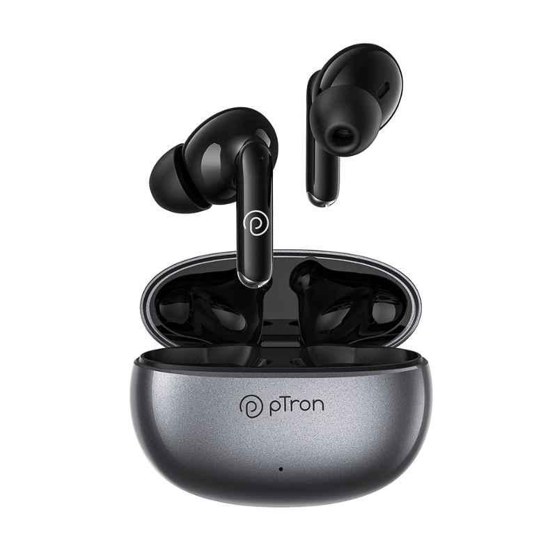 pTron Bassbuds Eon 13mm In-Ear Grey & Black Bluetooth Earbuds with ENC, Touch Control, Type-C Fast Charging, IPX4 & Voice Assistance