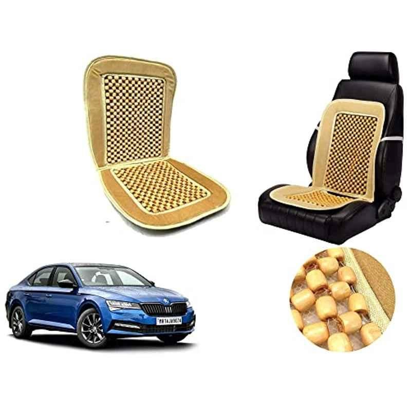 Auto Pearl PU, Velvet & Wooden Beads Beige Rectangular Seat Cushion for Skoda Superb 2019
