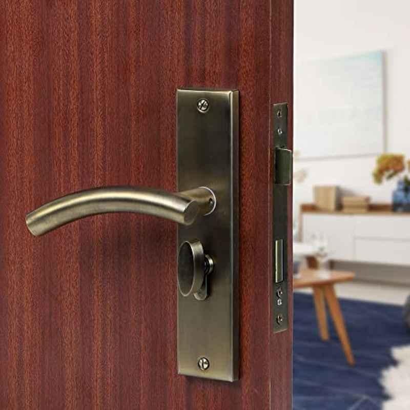 Voltizi 8 inch Stainless Steel 304 Antique Brass Finish Cylindrical Plate Mortise Door Lock Handle Set with One Side Key 60mm Brass Cylinder, MG-1102
