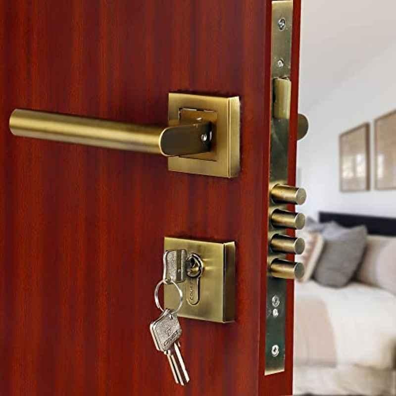 Voltizi Rose Stainless Steel Antique Brass Matt Finish 4 Latches Mortise Door Lock Handle Set with 3 Computer Keys, MG201
