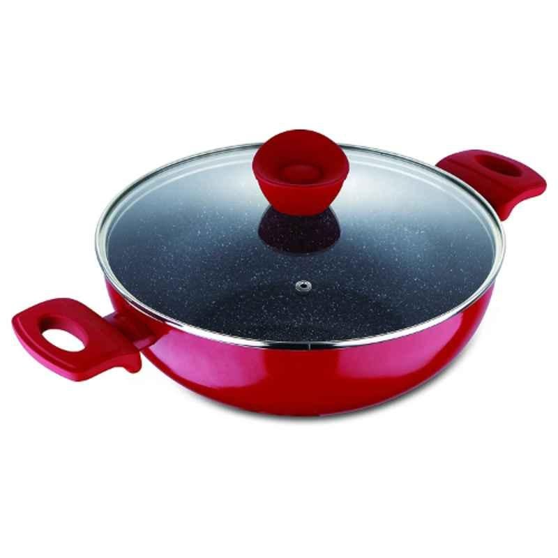 Bergner Bellini Plus 20cm 2.3L Red Non Stick Aluminium Kadhai with Glass Lid, BG-31263-RD