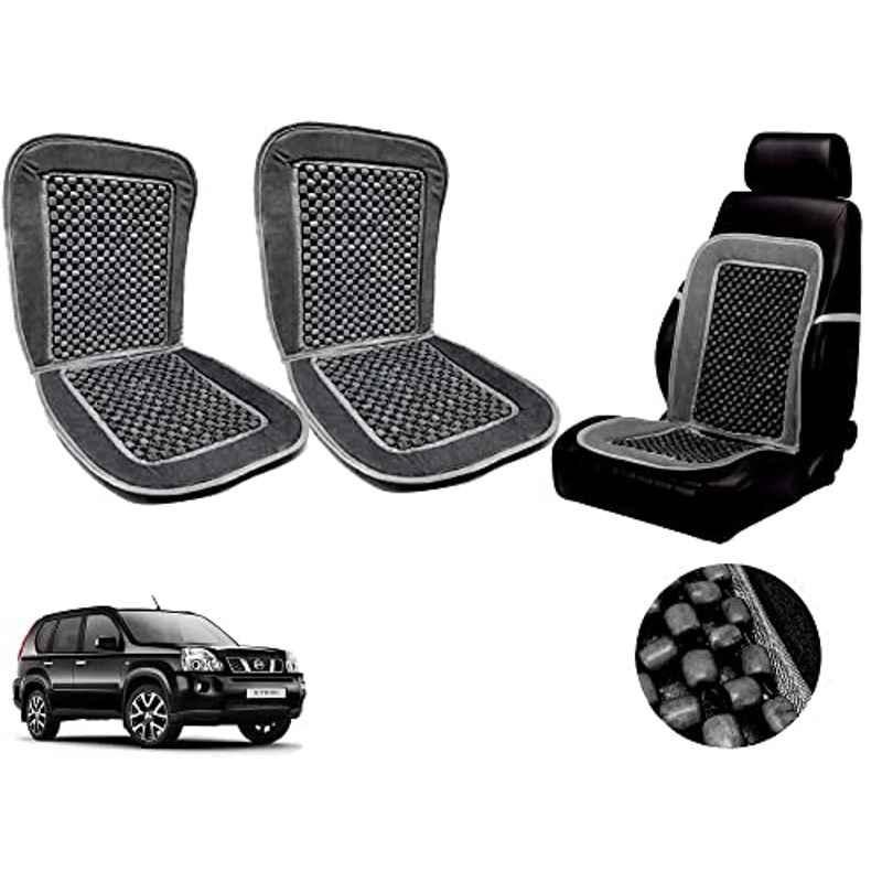 Auto Pearl PU, Velvet & Wooden Beads Grey Rectangular Seat Cushion for Nissan X-Trail (Pack of 2 )