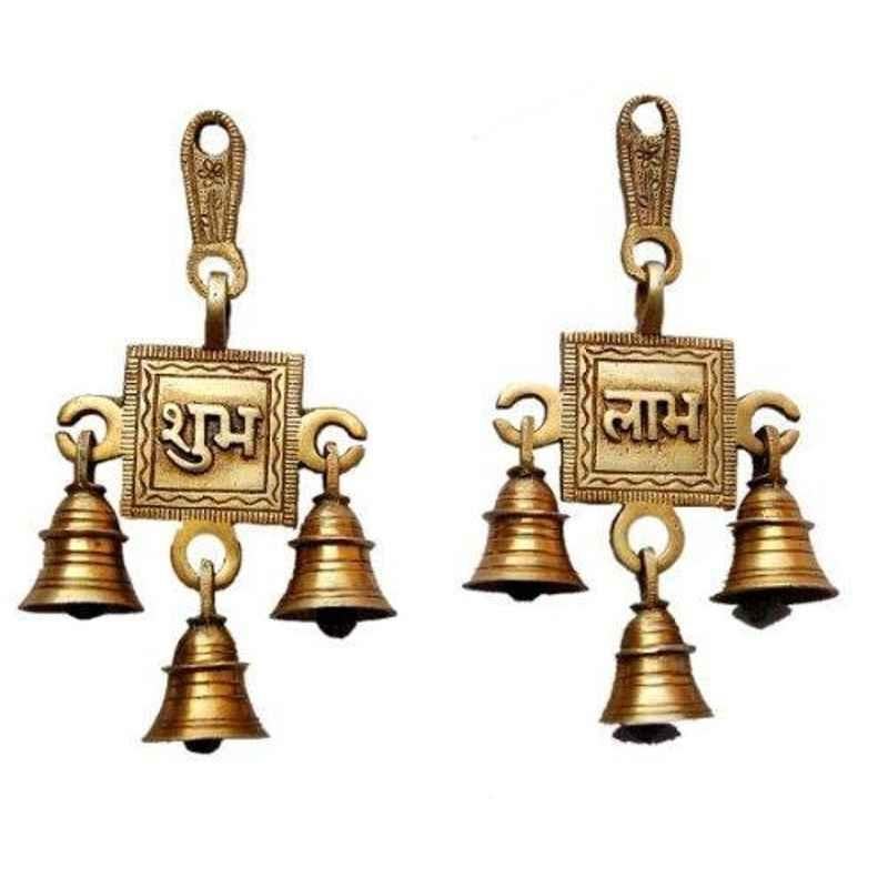 Smart Shophar 6 inch 2Pcs Brass Gold Antique Pair Of Shubh Labh Bells Wall Hanging Set, SHD10WH-SHLA-BL6AN-S1