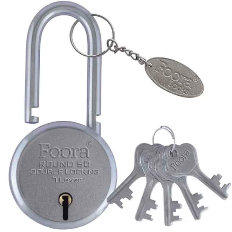 Foora 50mm Double Locking Long Neck Shackle Padlock with 5 Keys & 7 Lever gate, Round 50