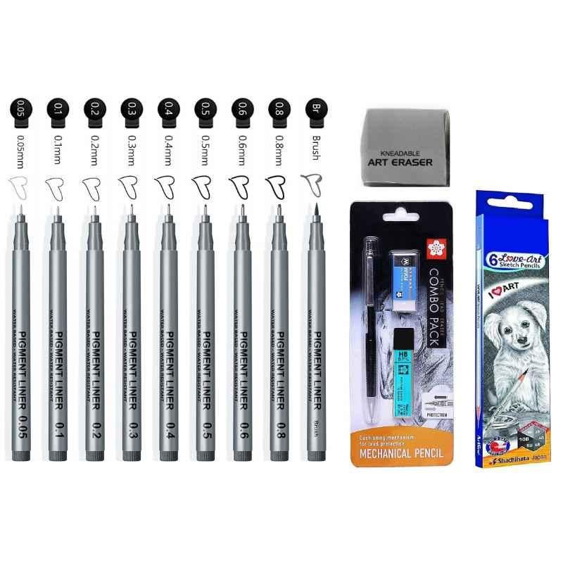 ChiggiWiggi 9 Pcs Water-Based Black Pigment Liner Pen Set, 6 Pcs Artline Love Art Ultra Dark Sketch Pencil Set, Lead Refill & Foam Eraser & Kneadable Art Soft Eraser Combo, C10