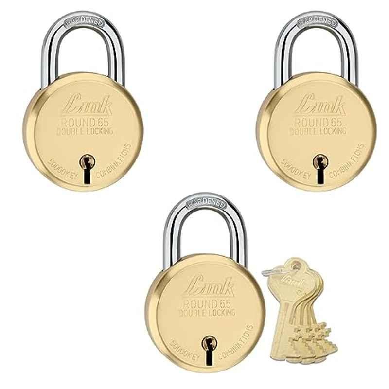 Link 65mm 8 Levers Gold Round Hardened Shackle Brass Padlock with Double Locking, 4 Keys & Free Key Hanger (Pack of 3)