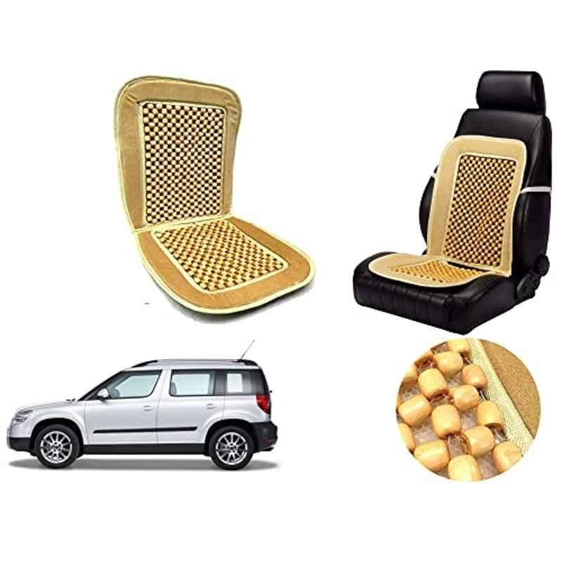 Auto Pearl PU, Velvet & Wooden Beads Beige Rectangular Seat Cushion for Skoda Yeti