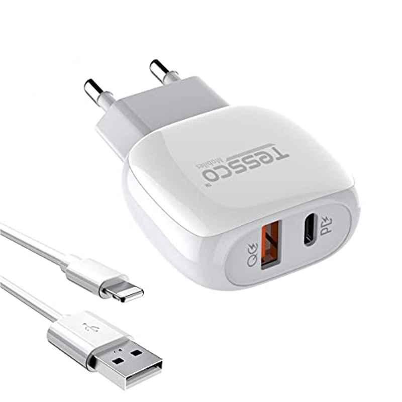 Tessco 20W 2.1A White Dual USB Travel Charger with 100cm Lighting Cable for iPhone, BC-202