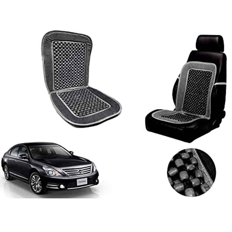 Auto Pearl PU, Velvet & Wooden Beads Grey Rectangular Seat Cushion for Nissan Teana