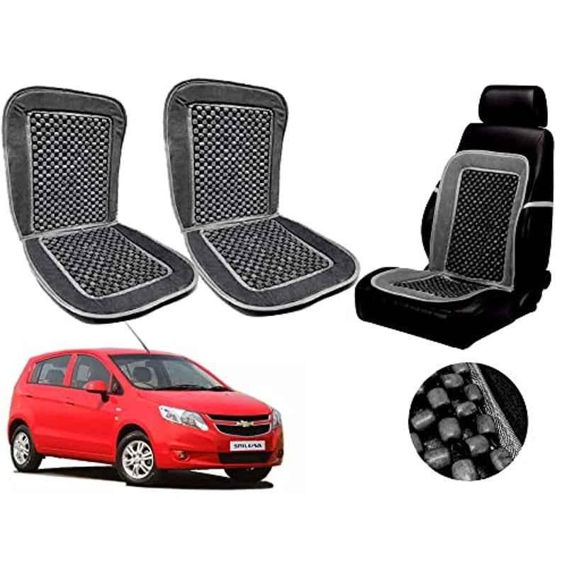 Auto Pearl PU, Velvet & Wooden Beads Grey Rectangular Seat Cushion for Chevrolet UVA (Pack of 2 )