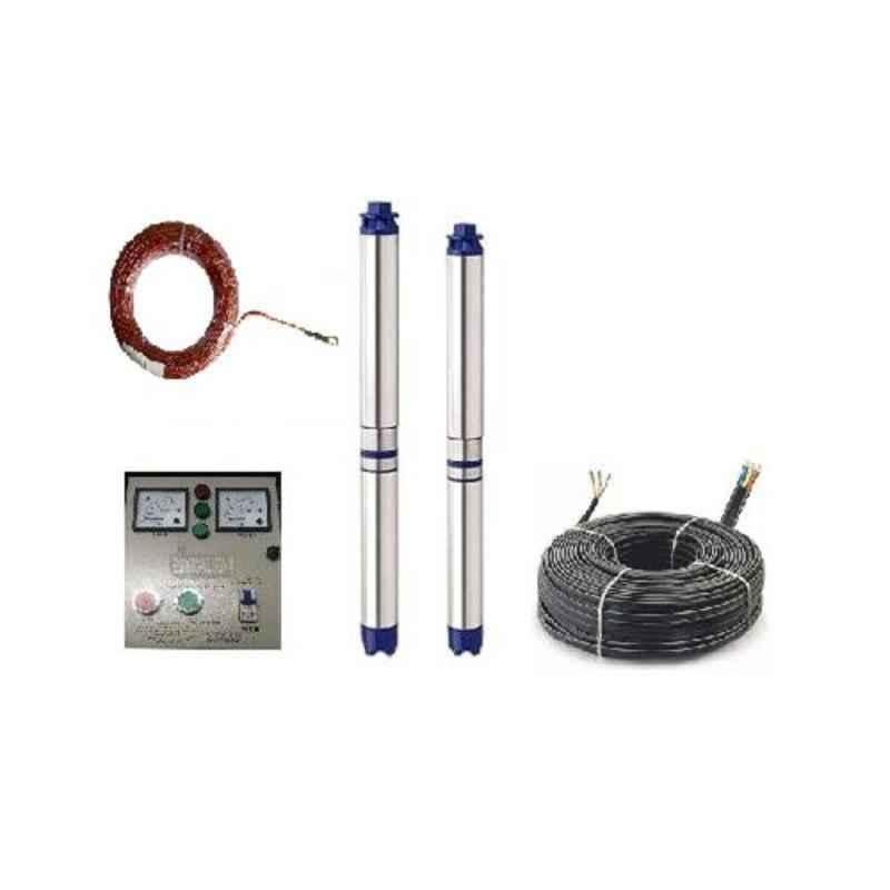 Jindal 2HP 15 Stage Single Phase Pure Copper Oil Filled Submersible Pump Set for Borewell with Control Panel, 60 m Safety Wire & 50 m Submersible Cable