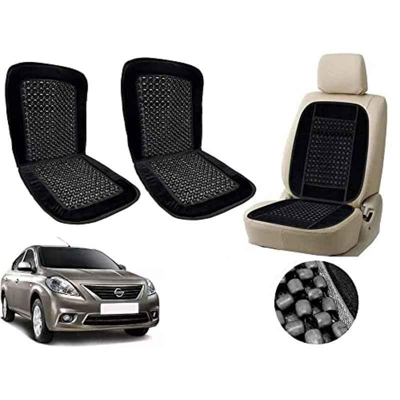 Auto Pearl PU, Velvet & Wooden Beads Black Rectangular Seat Cushion for Nissan Sunny (Pack of 2 )