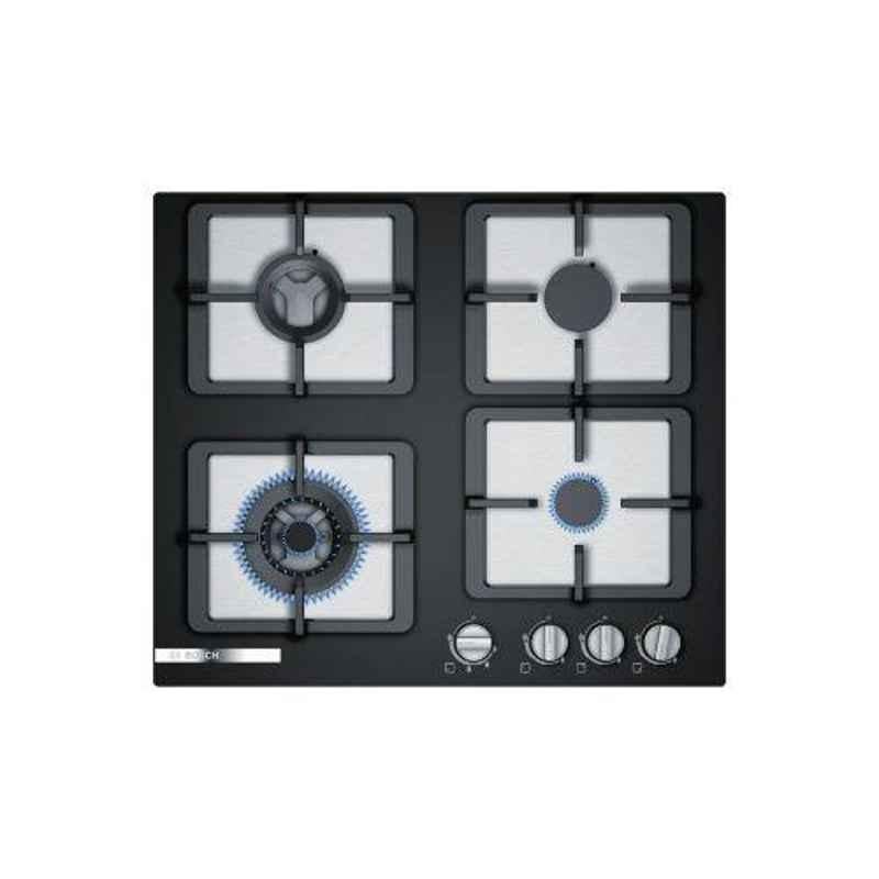 Bosch Serie-4 60cm 4 Brass Burner Black Glass Gas Hob with Auto Ignition Knob, PPI9S6F20I