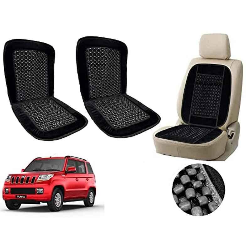Auto Pearl PU, Velvet & Wooden Beads Black Rectangular Seat Cushion for Mahindra TUV-300 (Pack of 2 )