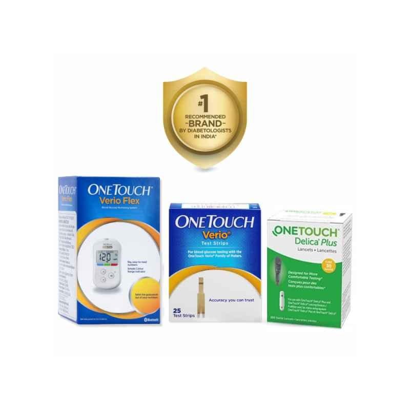 OneTouch Verio Flex Bluetooth Diabetes Test Glucometer Kit with 25 Pcs Test Strips & 25 Pcs Delica Plus Lancets