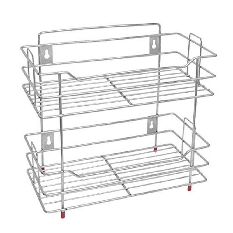 Plantex Stainless Steel Silver Floor Mount, Wall Mount Multipurpose 2 Tier Kitchen Corner Storage Shelf