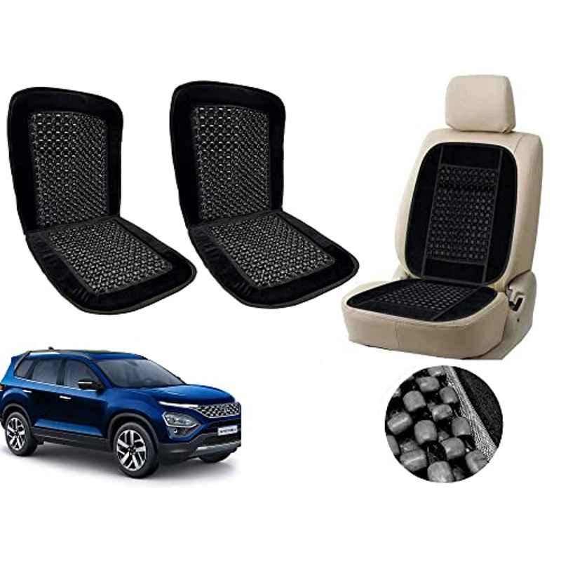 Auto Pearl PU, Velvet & Wooden Beads Black Rectangular Seat Cushion for Tata Safari (Pack of 2 )