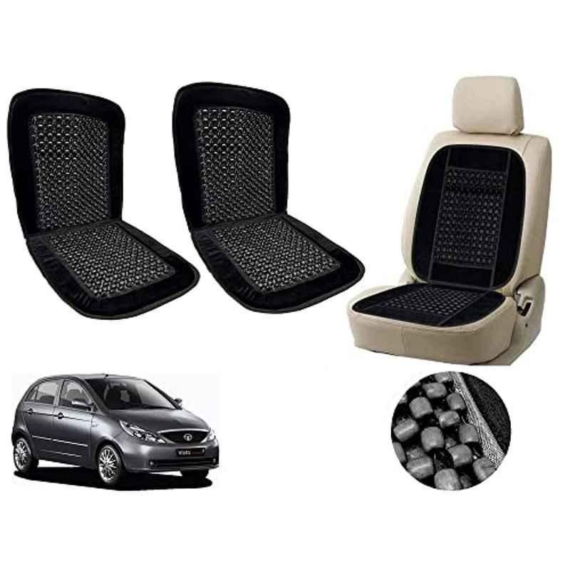 Auto Pearl PU, Velvet & Wooden Beads Black Rectangular Seat Cushion for Tata Vista (Pack of 2 )