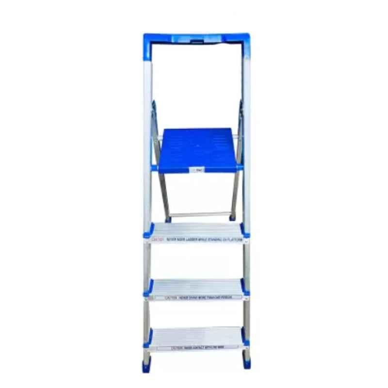 TNC Economy 65kg 4 Step Aluminium & Plastic Silver & Blue Foldable Ladder with Platform & Hand Rail, SL-0133