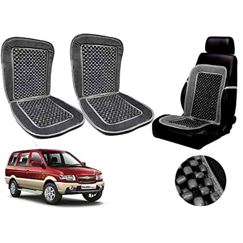 Auto Pearl PU, Velvet & Wooden Beads Grey Rectangular Seat Cushion for Chevrolet Tavera Type-2 (Pack of 2 )