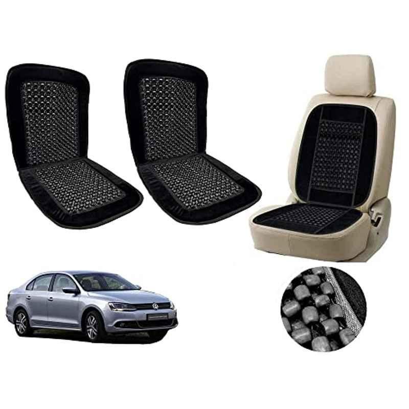 Auto Pearl PU, Velvet & Wooden Beads Black Rectangular Seat Cushion for Volkswagen Jetta Type-1 (Pack of 2 )
