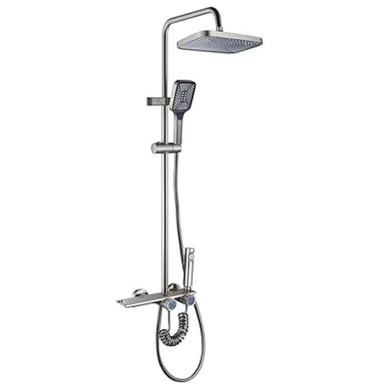ZeeCry 5-in-1 Grey Stainless Steel PVD Painted Wall Mixer with Single Lever Shower Panel, Hand Shower & Overhead Rectangle Shower