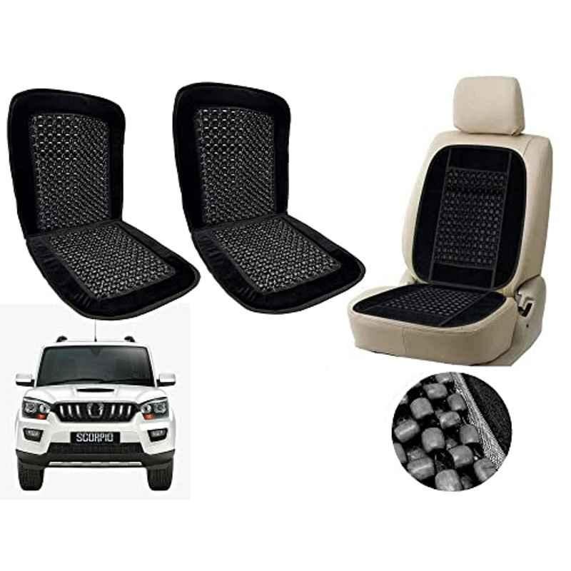 Auto Pearl PU, Velvet & Wooden Beads Black Rectangular Seat Cushion for Mahindra New Scorpio (Pack of 2 )